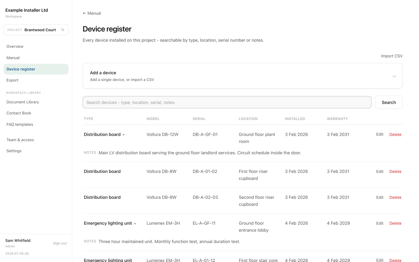 The OM Manuals device register, a searchable table of distribution boards, emergency lighting units and consumer units with model, serial number, location, install date and warranty expiry, and notes under some rows.