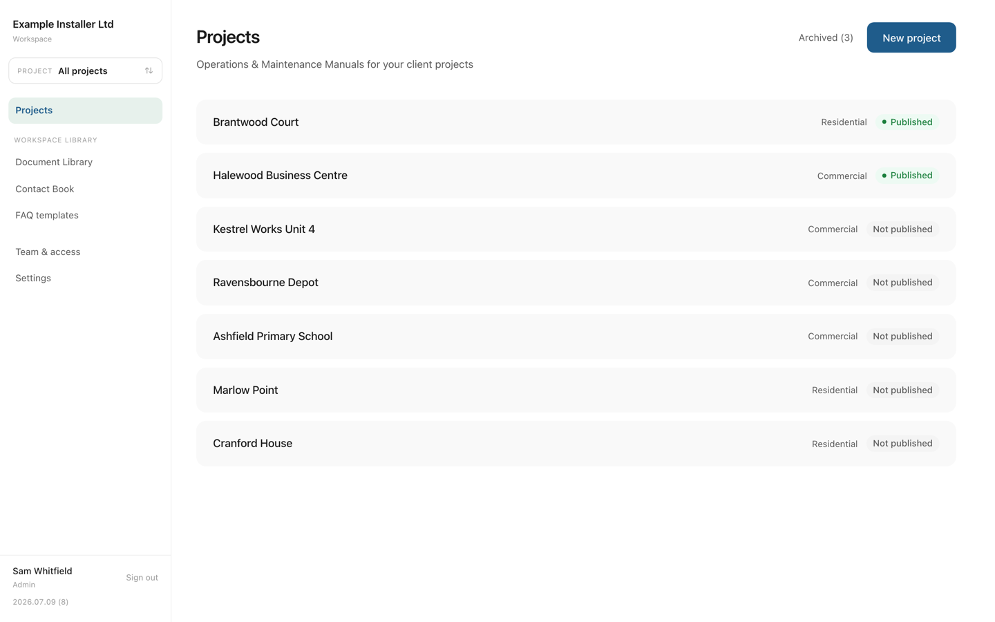 The OM Manuals project dashboard listing seven client projects with their residential or commercial type and whether each one is published.