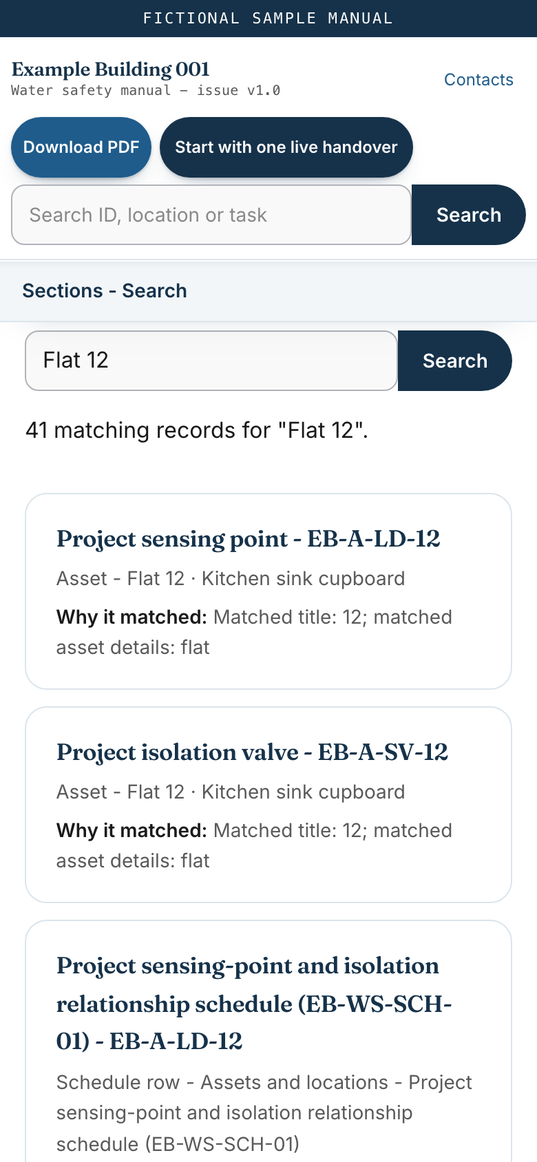 The OM Manuals sample manual on a phone, showing a search that returned 41 matching records with the asset, its location and why it matched.