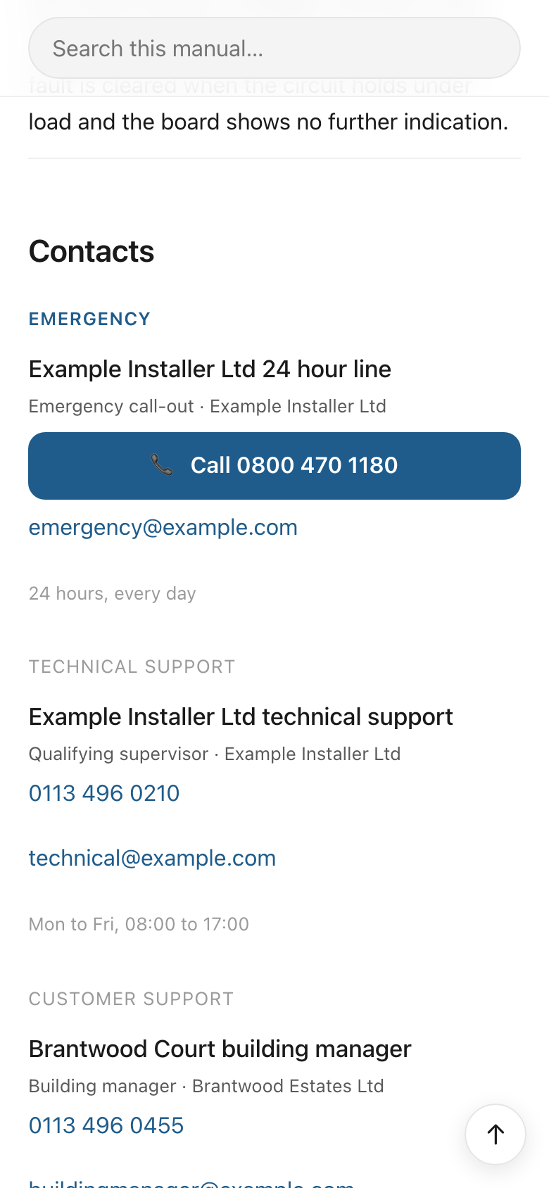The contacts section of a published OM Manuals manual on a phone, with an emergency call button and technical and customer support entries showing role, organisation, phone number, email and hours of cover.