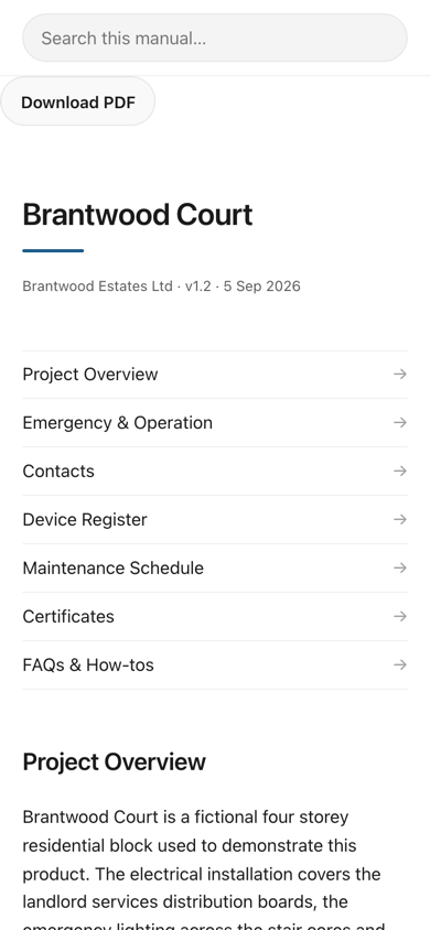 A published OM Manuals manual opened on a phone with no login, showing the download button and the section list: project overview, emergency and operation, contacts, device register, maintenance schedule, certificates, and FAQs and how-tos.